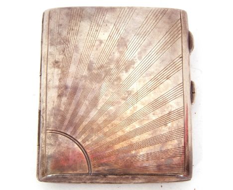 George V silver cigarette case of typical hinged rectangular form, both sides engraved with a ray of sunlight design, Birming