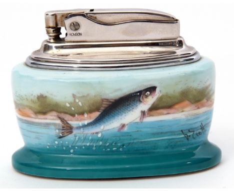 Mintons-Ronson bone china table lighter with hand painted detail of a jumping salmon by D Scott, 8.5cm wide x 5cm deep x 7cm 