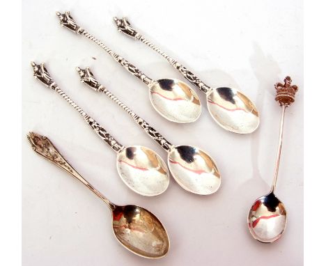 Mixed Lot: four silver Apostle spoons, London 1917, a tea spoon applied with a cast crowned finial, Birmingham 1978, together