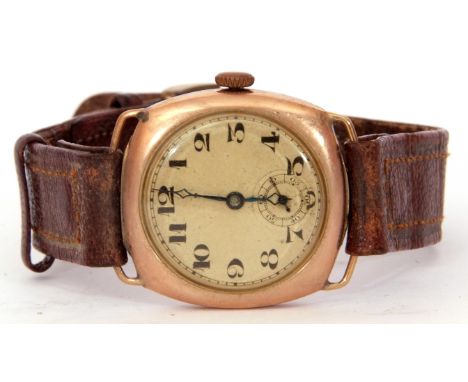 Second quarter of 20th century gents import hallmarked 9ct gold cased wrist watch having blued steel hands to an engine turne