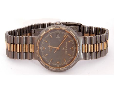 Last quarter of 20th century gent's Longines Ti V.H.P. Quartz small wrist watch with gold hands to a grey dial with gold bato