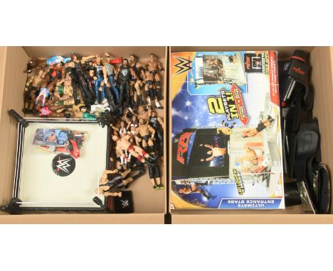 Mattel WWE Ultimate Entrance Stage, loose figures &amp; ring, Good to Good Plus, unchecked for completeness and untested, wit
