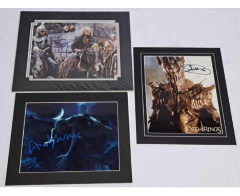 The Lord of the Rings autographed photos x3, to include photos signed by Sala Baker, Bernard Hill, and Andy Serkis, each with