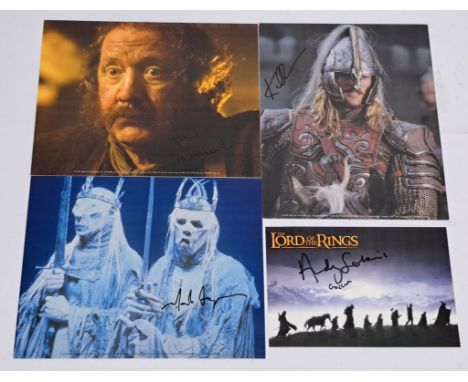 The Lord of the Rings autographed photos x4, to include photos signed by Andy Serkis, Karl Urban, Mark Ferguson, and David We