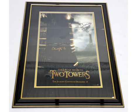 The Lord of the Rings The Two Towers autographed framed poster, signed by Christopher Lee and Sala Baker, within Black and Go