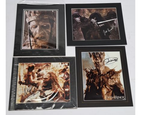 The Lord of the Rings autographed photos x4, to include photos signed by Jed Brophy, Lawrence Makoare, Paul Norell, and Sala 