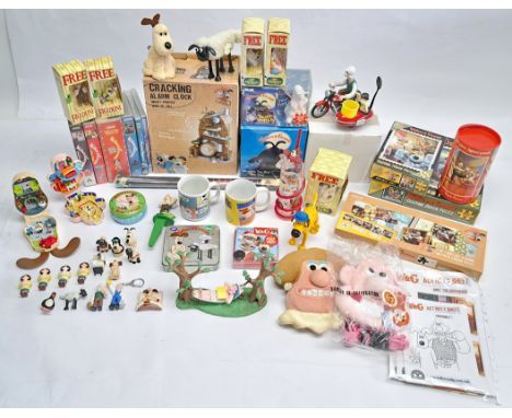 Quantity of Wallace &amp; Gromit related collectables, to include Bluebird playsets, alarm clock, retractable dog lead, statu