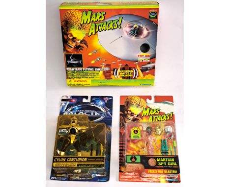 Trendmasters Mars Attacks Martian Flying Saucer with action figures Martian Spy Girl and Battlestar Galactica Cylon Centurion