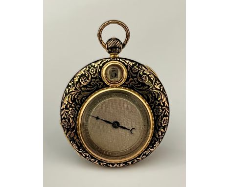 A circa 1825 yellow metal and enamel jump hour pocket watch potentially Moynier et Fils, Geneva. The engine-turned silver fac