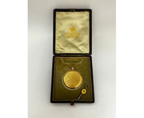 A 19th Century 18ct gold Swiss full hunter repeating fob watch, floral engraved case, gilded Roman dial with blued steel hand