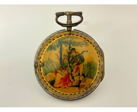 WILLIAM ROSE OF LONDON: An 18th Century Piqué work pair cased pocket watch with pictorial scene, rear of outer case with desi