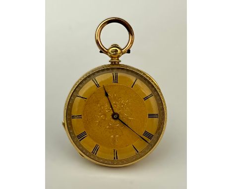 STAUFFER CHAUX-De-Fonds: A late 19th Century 18k gold open-faced fob watch, engraved gilt dial with Roman numerals, blued ste