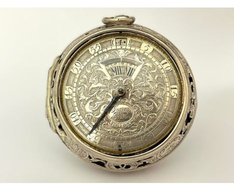 JONES OF LONDON: A late 17th Century silver pair cased pocket watch, the outer case with engraved and pierced detail, silvere
