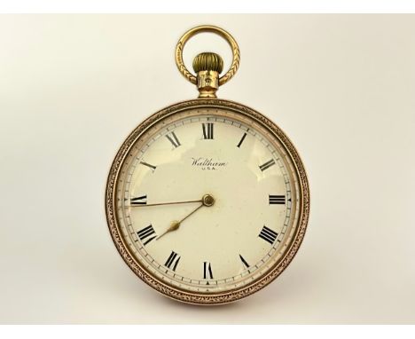 WALTHAM USA: An early 20th Century Waltham USA 9ct keyless wind gold open-faced fob watch, white enamel dial with Roman numer