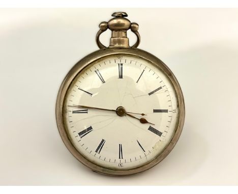 A 19th Century white metal pocket watch made for the Chinese market, enamelled Roman dial (stained and hairlined) with spade 