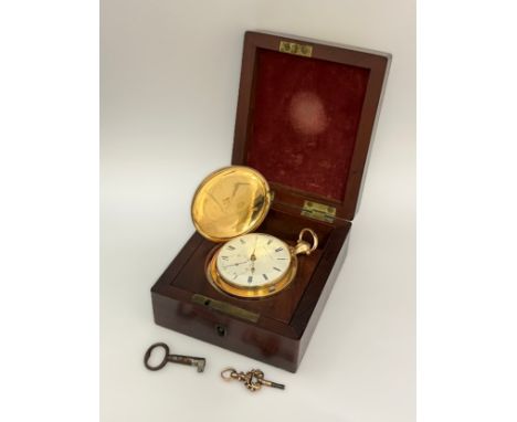 GRIMALDE &amp; JOHNSON, STRAND, LONDON: A 19th Century 18ct gold full hunter chronometer pocket watch, enamelled Roman dial w