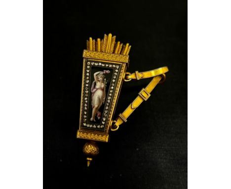 A mid-19th Century gold, enamel and diamond set pendant-watch. The case in the form of a quiver topped by finely ribbed arrow