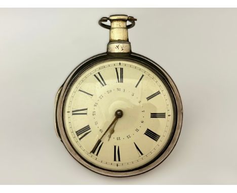 A late 18th/ early 19th Century silver pair cased pocket watch, enamelled Roman dial with mismatching hands (loose), date tra