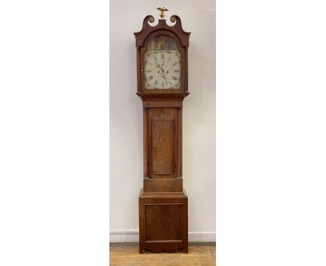 An early 19th century mahogany longcase clock, the hood with later gilt eagle finial surmounting swan neck pediment with gilt