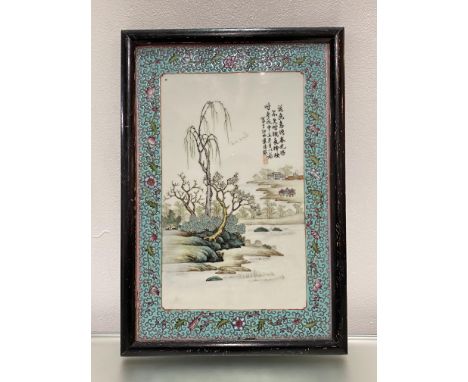 A Chinese famille rose porcelain panel, probably Republican period, painted with a willow tree by a river bank, a building an