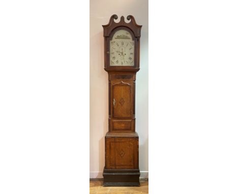 A George III longcase clock, the swan neck pediment over arched door, fluted pilasters Tunbridge ware inlay and mahogany cros