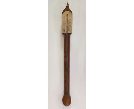 A mahogany stick barometer, early 19th century, with exposed mercury tube, single vernier scale and silvered dial, with turne