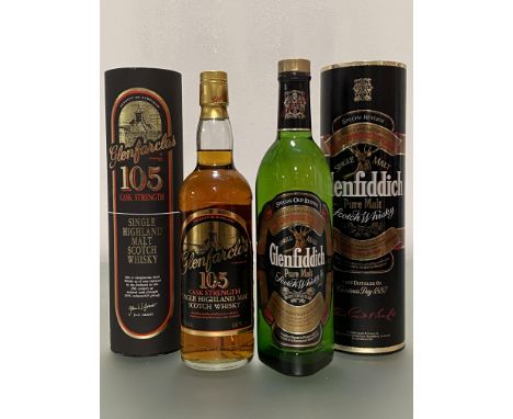 Two bottles of Single Highland Malt Scotch whisky: Glenfarclas 105 Cask Strength, 70cl, 60% vol.; and Glenfiddich Special Old