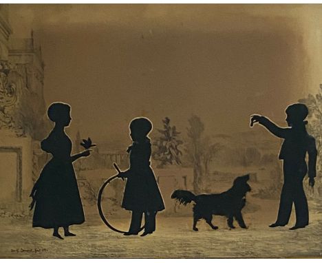 Auguste Edouart (1780-1861), a Silhouette Portrait Group, of three children and a dog at play, depicted against a Classical l