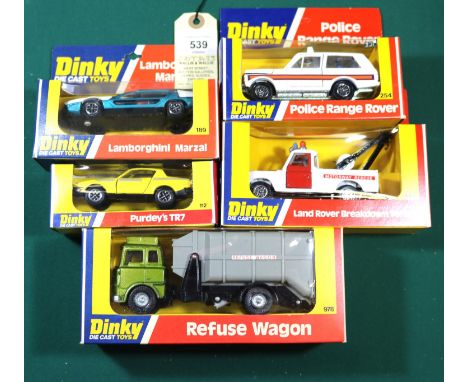 5x Dinky Toys. Purdey's Triumph TR7 from the New Avengers (112). Lamborghini Marzal (189) in metallic green and white. Police