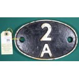 Locomotive shedplate 2A Rugby 1948-1963, with sub-sheds Market Harborough to 1955, Seaton to 1960.