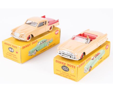 2 Dinky Toys. A Packard Convertible (132). In Tan with red interior and wheels and a grey driver. Together with a Studebaker 