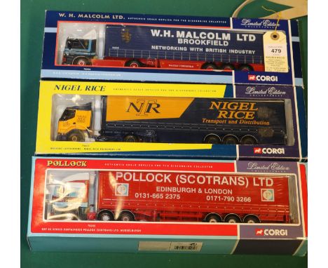3 Corgi Trucks. An ERF EC Series Curtainside (75205). In Pollock (Scotrans) Ltd. Musselburgh red and blue livery. A M.A.N. Ar