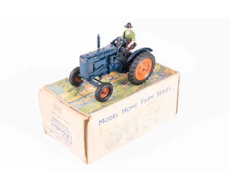 A Britains Fordson Major Tractor with driver (128F) from the Model Home Farm Series. In dark blue with rubber tyres. Boxed, s