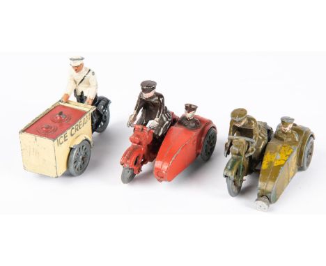 3 British Eebee Toys die cast motorcycle toys. Ice cream seller, dressed in white coat and hat with black trousers and bag, r