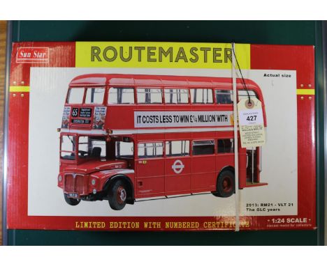 A Sun Star 1:24 scale London Transport Routemaster in red livery with Lucozade and Pearl Assurance adverts to sides.  RM870, 