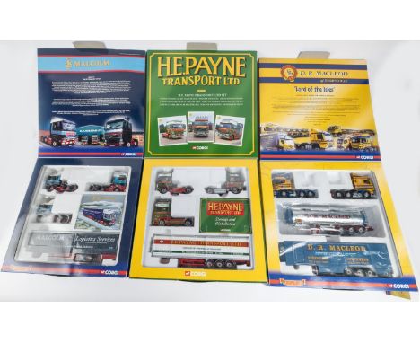 3 Corgi Hauliers of Renown Series Malcolm logistics services 4 item Set. MAN TGA XL, Volvo FH Globetrotter, Volvo FM Globetro