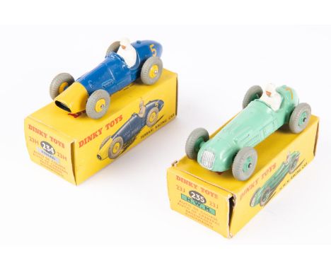 2 Dinky Toys. Ferrari Racing Car (23H). In blue with yellow nose and wheels RN5. Together with a H.W.M Racing Car in light gr