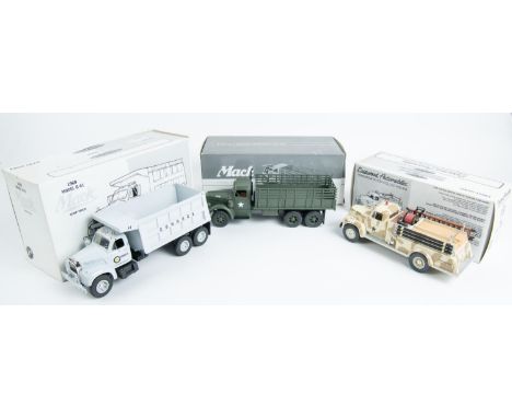 10 First Gear 1:34 scale Trucks. A Mack Model R-600 Mixer, Bulldog. Mack L Model Stake Truck, U.S. Army. 1960 Model B-61 Mack