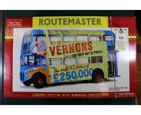 A Sun Star 1:24 scale London Transport Routemaster in blue Vernon's Pools livery.  RM686, WLT 686. Boxed, minor wear, with ce