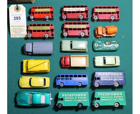 A quantity of Matchbox series. Including Trolleybus. 4x London Bus plus a small scale example. 3x Guy Removal Vans, Pickfords