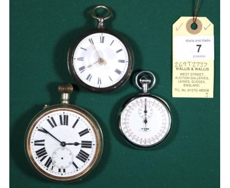 2x pocket watches and a stopwatch. A silver key wound pocket watch with London hallmark, date mark for 1863 and maker's mark;