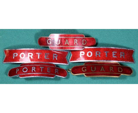 5x British Railways (Midland Region) totem and fishtail style cap badges by Gaunt, etc (2 unmarked). 3x Porter and 2x British