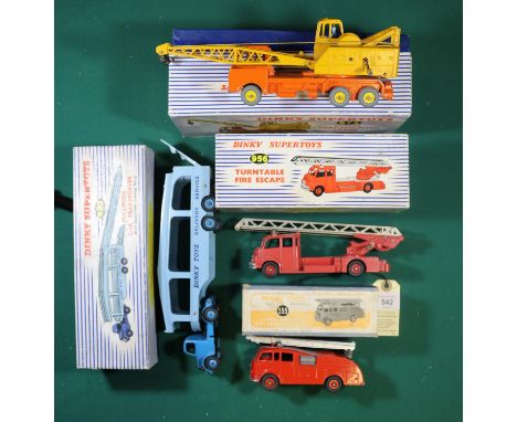 4x Dinky Supertoys/Toys. Fire Engine with extending ladder (555). Turntable Fire Escape (956). 20-ton Lorry Mounted Crane (97