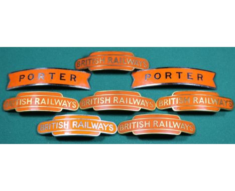 8x British Railways (North Eastern Region) totem and fishtail style cap badges by Gaunt, Toye, etc (2 unmarked). 2x Porter an
