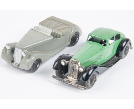 2x Dinky Toys. Rover (36d) in green. Sunbeam-Talbot (38b) in light grey with dark grey tonneau. VGC, minor chipping, staining