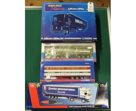 4 1:50 scale Trucks. 2x Universal Hobbies- Rawlings Transport 3 item Set. 2x tractor units, Renault and a Scania together wit