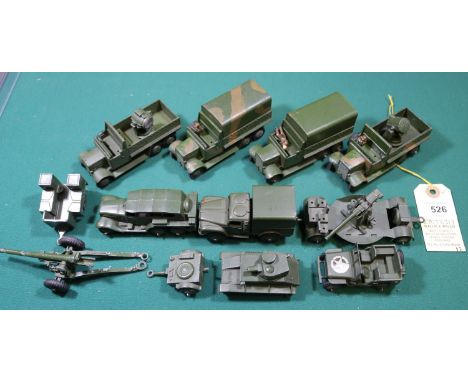 12x Dinky Toys Military vehicles. 2x Searchlight on lorry with smooth wheels (both enhanced and adapted). 2x 6-wheel Covered 