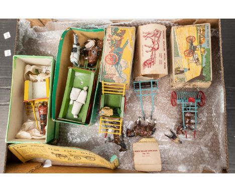 5x Britains Home Farm Series. 2x Tumbrel Cart (4F) in yellow with horse and carter. Farm Waggon (5F) in green with 2x horses 