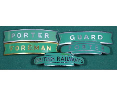 5x British Railways (Southern Region) totem and fishtail style cap badges by Gaunt and Fattorini. 2x Porter, a Guard, a Forem