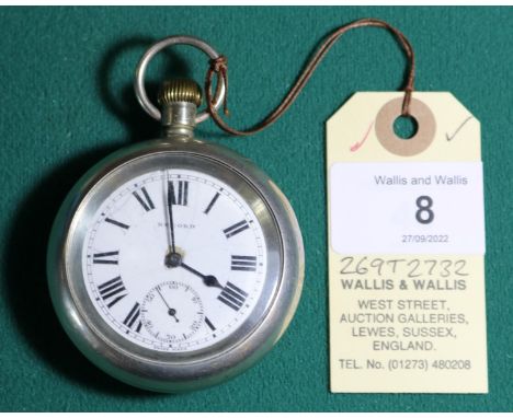 A nickel cased LMS guard's pocket watch. Stamped to reverse 'L.M.S. 10260'. Fitted with a Swiss 15 jewel movement by Record. 